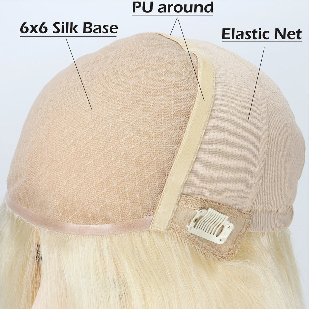 Light Blonde 6x6" Silk Base Wig for Women 18inch Remy Human Hair Wig with PU Around Medical Wig Elastic Net Everyday Wear