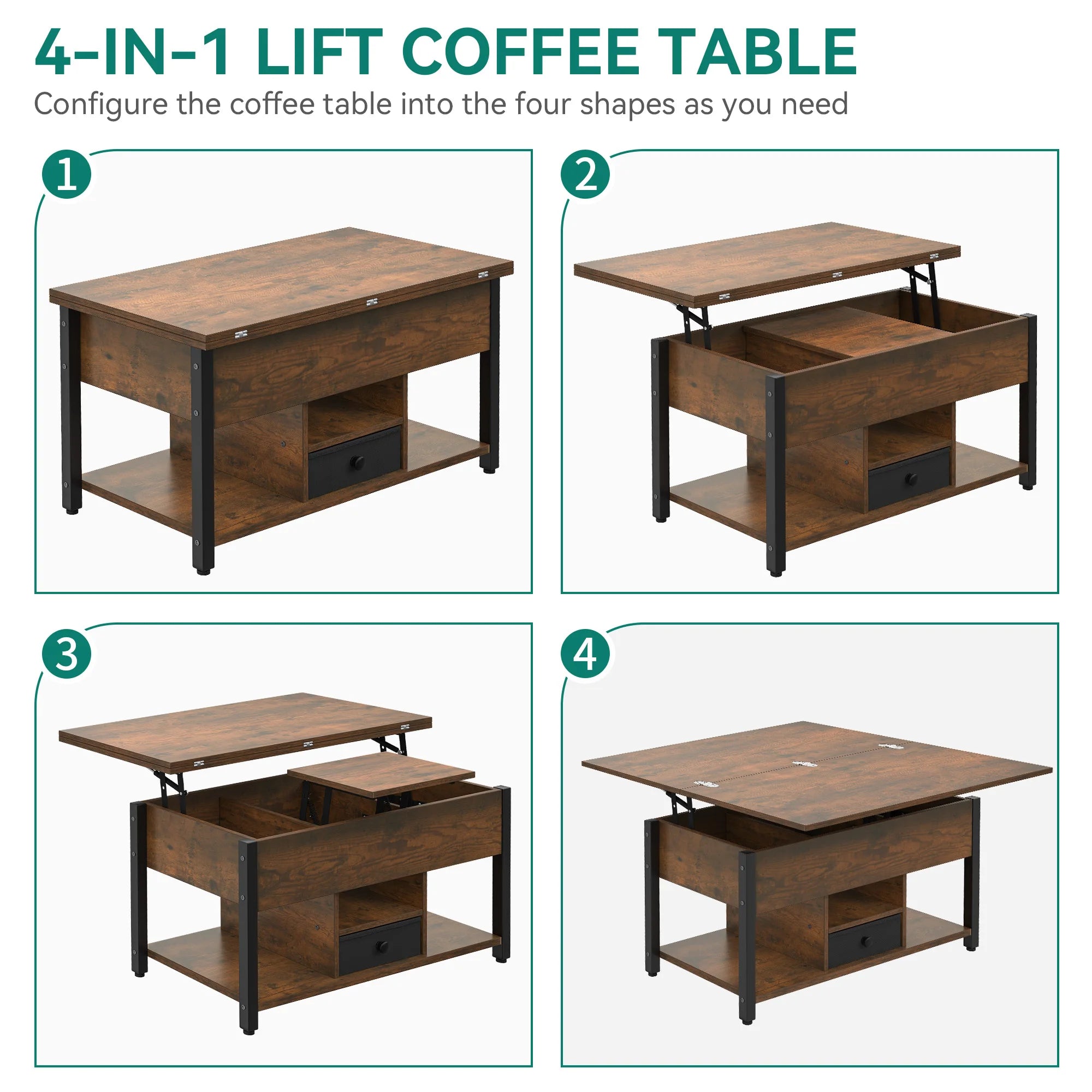 YITAHOME Lift Top 4-in-1 Coffee Table - Dining Table Convertible with Storage Drawers for Living Room
