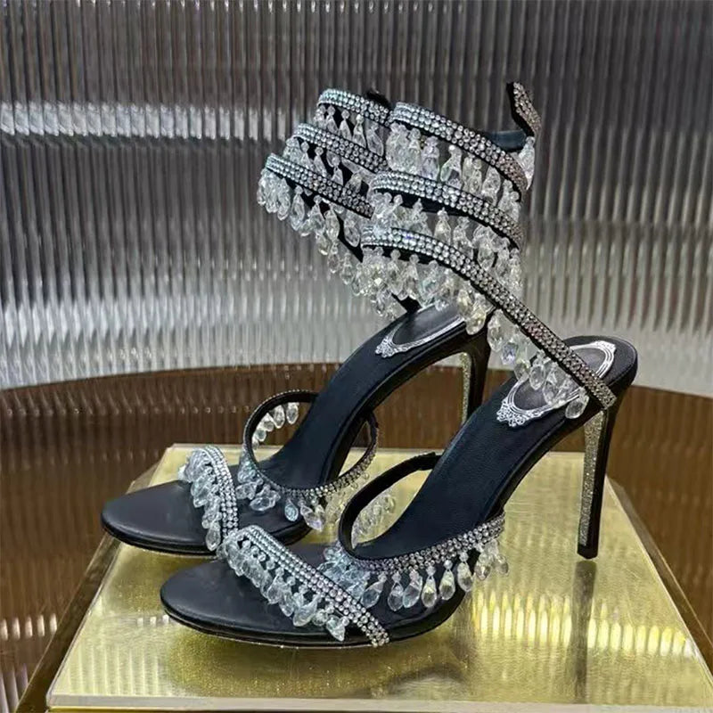 Sexy High Heels Gladiator Sandals Women Crystal String Bead Snake Twine Around Ankle Strap Wedding Shoes Summer Sandals Woman
