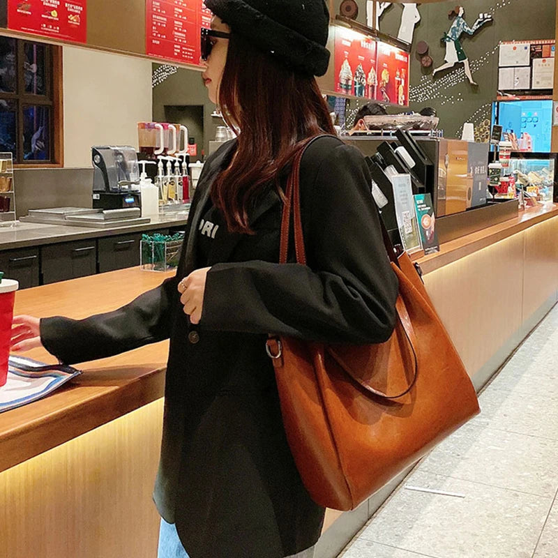 100% Genuine Leather Women Tote Bag Large Capacity High Quality Cowhide Women's Shoulder Bags Wrinkled Opening Fashion Handbag