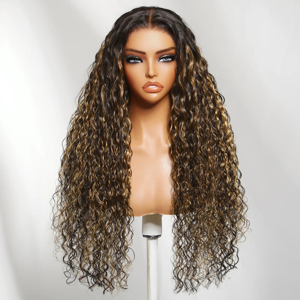 UNice 7x5 Bye Bye Slip™ Lace Golden Blonde Balayage Highlights Water Wave Wig With Drawstring Wear Go Glueless Human Hair Wigs