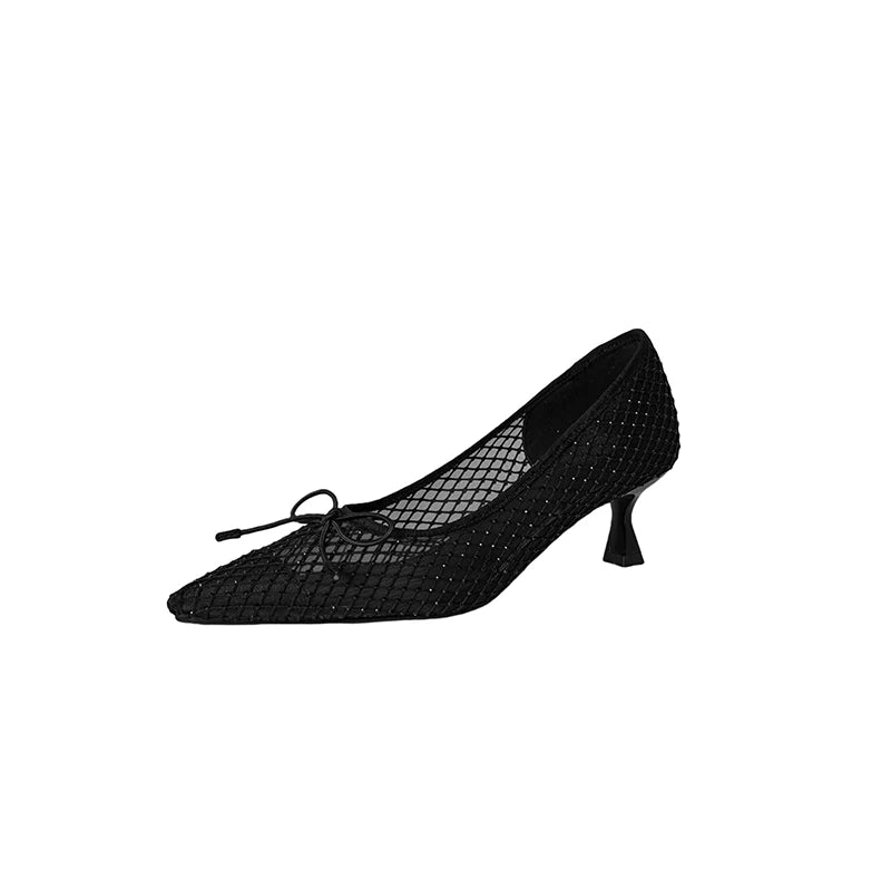 NEW Spring/Autumn Women Pumps Pointed Toe Thin Heel Shoes Sweet Mesh Shoes for Women Elegant Bow-knot Shallow Slip-on High Heels