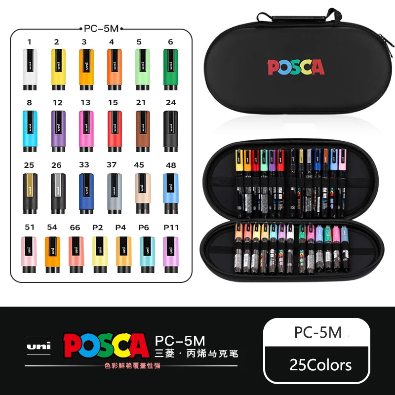POSCA Acrylic Markers Organized in Bags, 0.7-2.5mm School Coloring Pens, Handy Original Japanese Professional Art Paint Supplies
