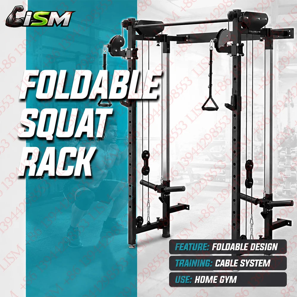 Foldable Squat Rack Wall Mount Multi-Function Trainer Bench Press LAT Pulldown Home Gym Strength Workout Fitness Equipment