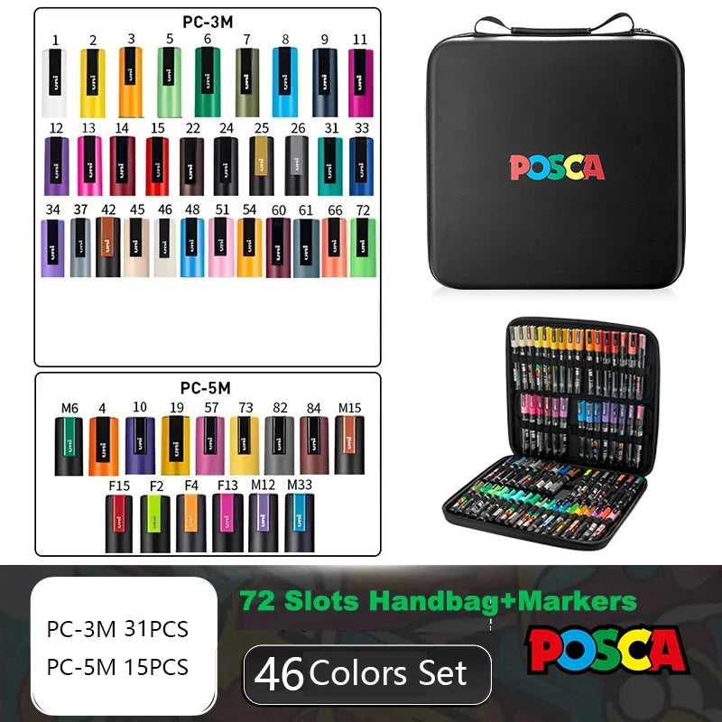 POSCA Acrylic Markers Organized in Bags, 0.7-2.5mm School Coloring Pens, Handy Original Japanese Professional Art Paint Supplies