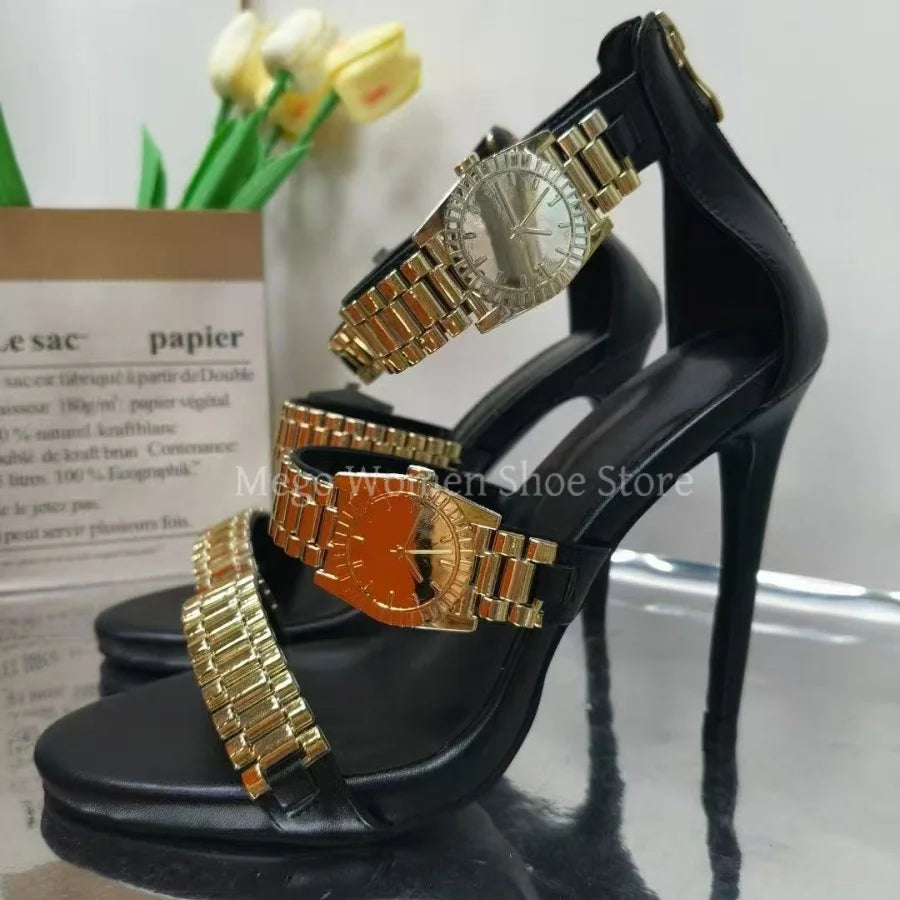 2025 New Metal Watch Strap Decorative Sandals Golden Open Toed Stiletto High Heels Women's Shoes Fashion Sandals Large Size 43