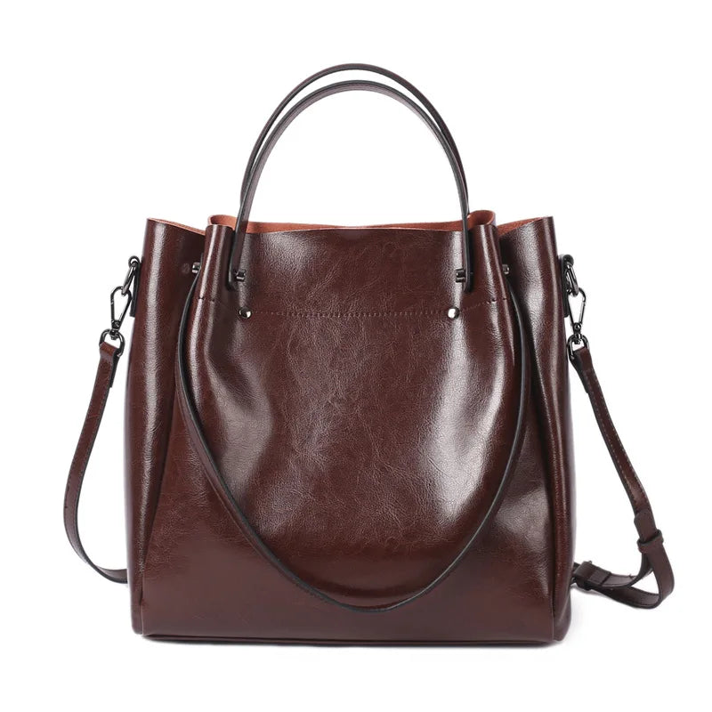 100% Genuine Leather Women Tote Bag Large Capacity High Quality Cowhide Women's Shoulder Bags Wrinkled Opening Fashion Handbag