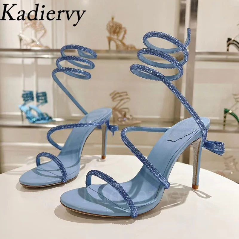 Summer High Heels Sandals Woman Crystal Snake Twine Around Ankle Strap Wedding Shoes Stiletto Butterfly-knot Sandals For Women