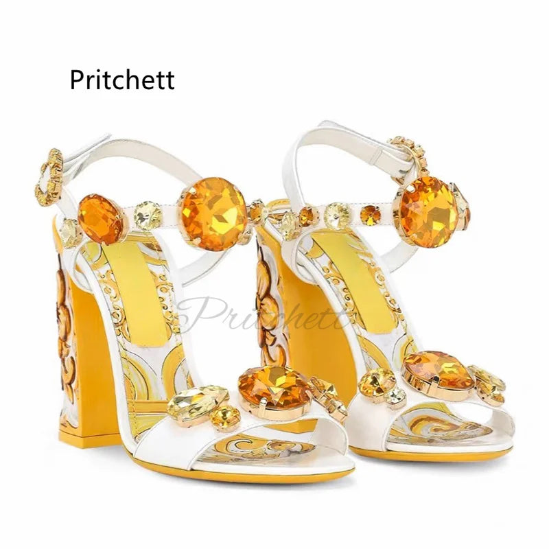 Bohemian Yellow Prints Chunky Heels Women's Sandals Rhinestone Jewels High Heels Summer Open Toe Vacation Beach Shoes 6/10Cm