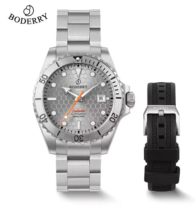 BODERRY Mens Automatic Watches Military Watch Mechanical Wristwatch Titanium Diver 100m Waterproof Sapphire C3 Luminous Sport
