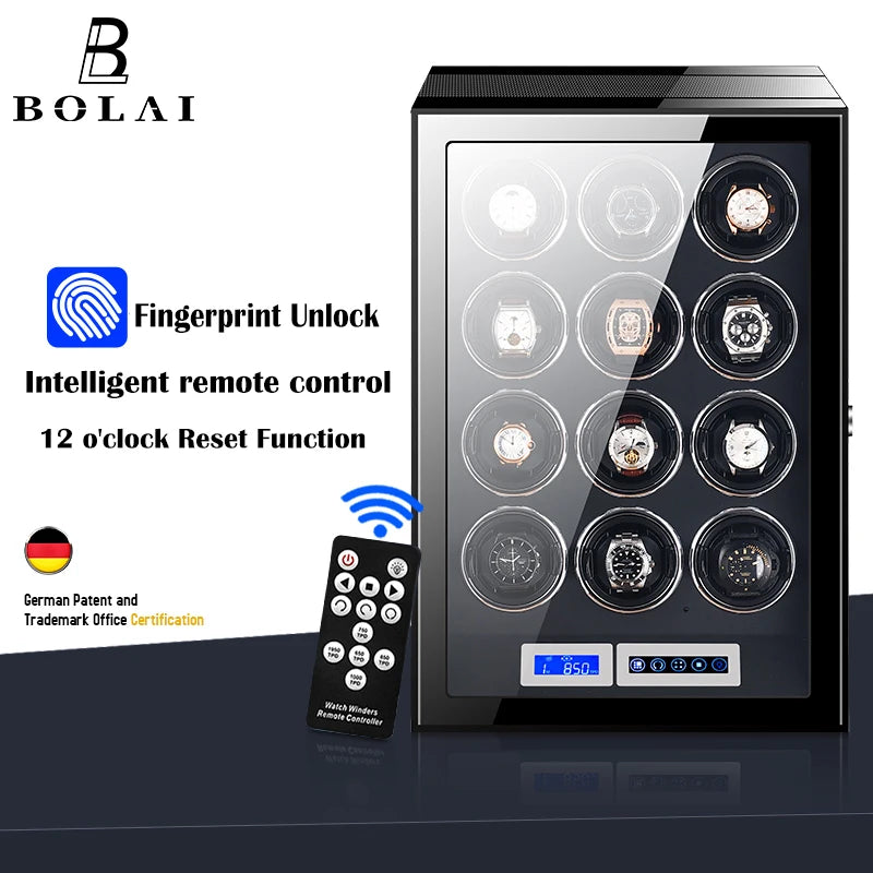 Luxury Automatic Watch Winder12 24 30 Slot Wood Mechanical Watch Box Fingerprint Unlock Quiet Mabuchi Motor Watches Storage Safe