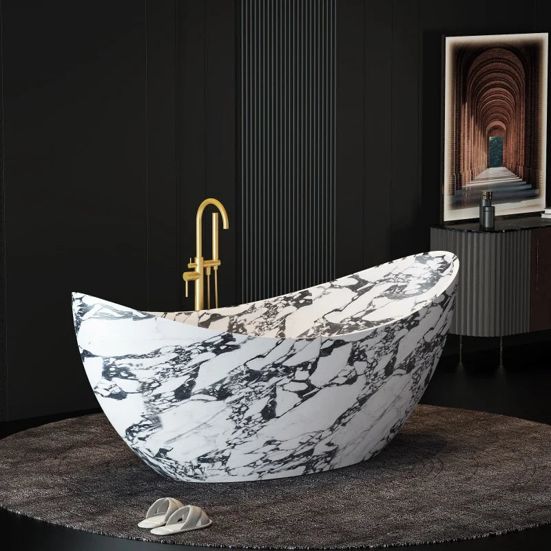 Freeform Natural Stone 1.7m Bathtub, Insulated Irregular Double Soaking Tub, Heat-Retention Freestanding Luxury Bath for Home