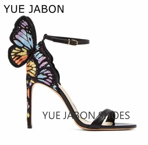 Black butterfly sandals leather metallic embroidered angel wings dress woman high heels open toe buckle strap lady thin pumps