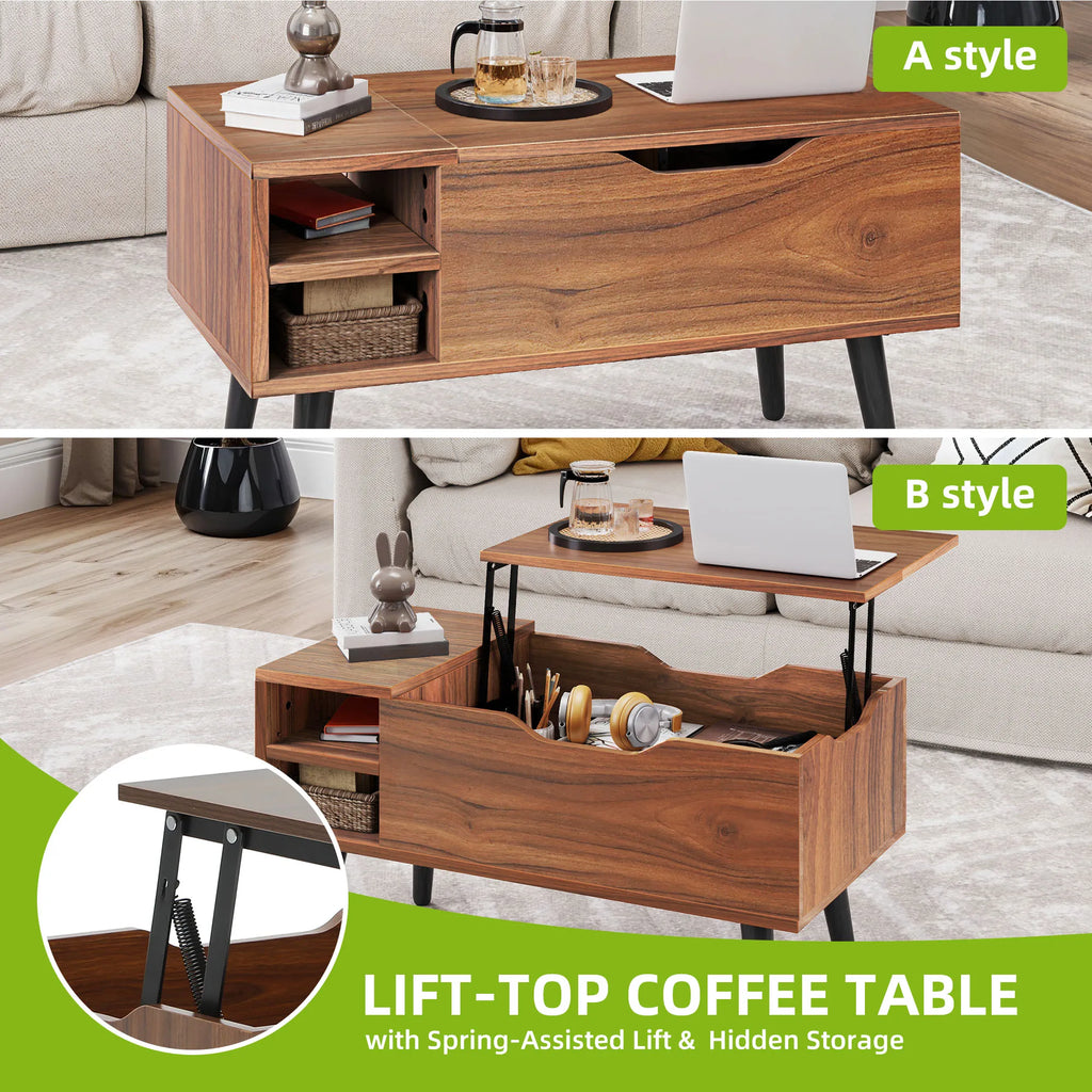 YITAHOME Rustic Oak Lift-Top Coffee Table - Adjustable Shelf & Hidden Storage, Spring Lifter, 80x40x61.5cm for Living Room