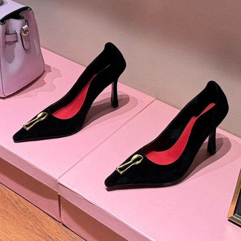 Spring Autumn Pointed Toe High Heels Women's Metal Decor Thin Heels Pumps Shallow Mouth Single Shoes Versatile Commuter Shoes