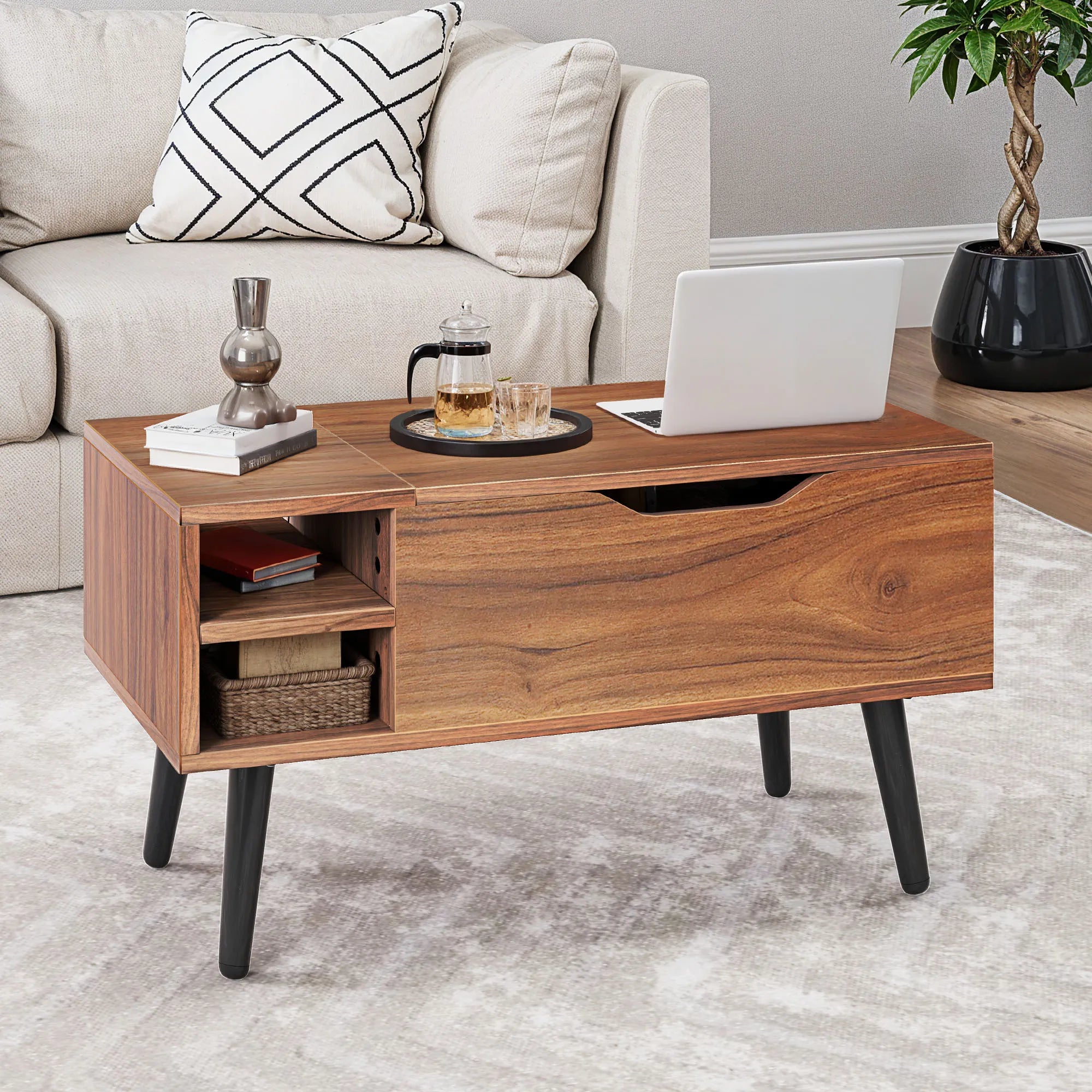 YITAHOME Rustic Oak Lift-Top Coffee Table - Adjustable Shelf & Hidden Storage, Spring Lifter, 80x40x61.5cm for Living Room