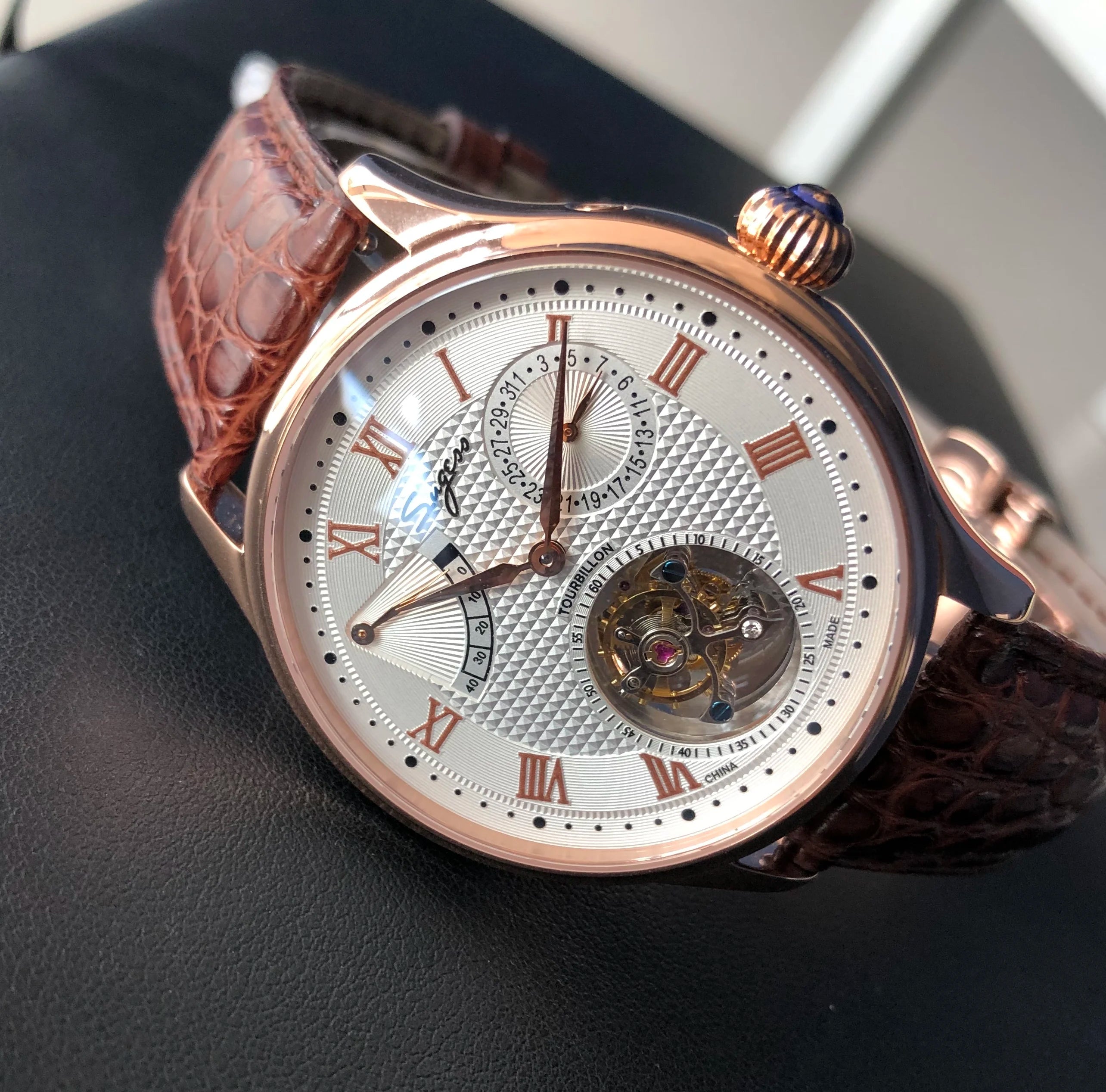 Sugess Real Tourbillon Watch Genuine Original ST8001 Movement Mens Calendar Skeleton Gold Diamond Watches Hand Winding/Auto